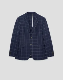 Americana lana/lino/algodón cuadros tonos azules
