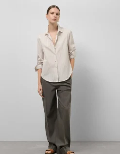 Camisa algodón blanco con listas cámel