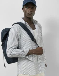 Camisa sport regular lino rayas azul tinta/blanco