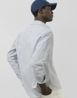 Camisa sport regular lino rayas azul tinta/blanco
