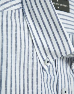 Camisa sport regular lino rayas azul tinta/blanco