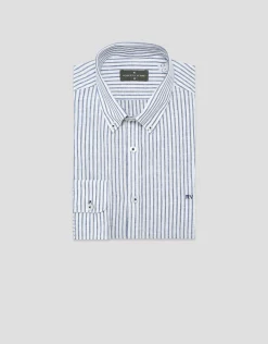 Camisa sport regular lino rayas azul tinta/blanco