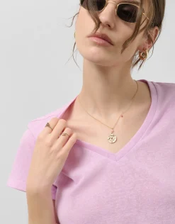 Camiseta cuello pico punto ligero rosa melange