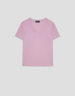 Camiseta cuello pico punto ligero rosa melange