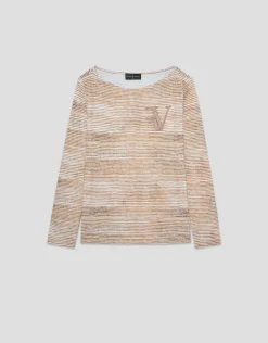 Camiseta escote barco y manga larga listas cámel