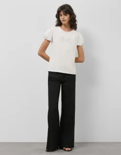 Camiseta manga corta fruncida algodón blanco con logo bordado
