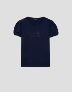 Camiseta manga corta fruncida algodón marino con logo bordado