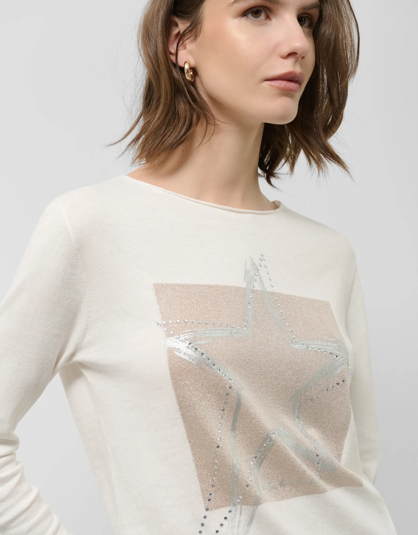 Camiseta manga larga punto tricotado crudo estrella plata