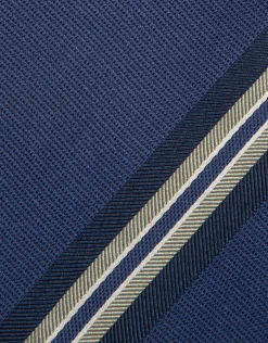 Corbata seda azul con rayas caqui y plata