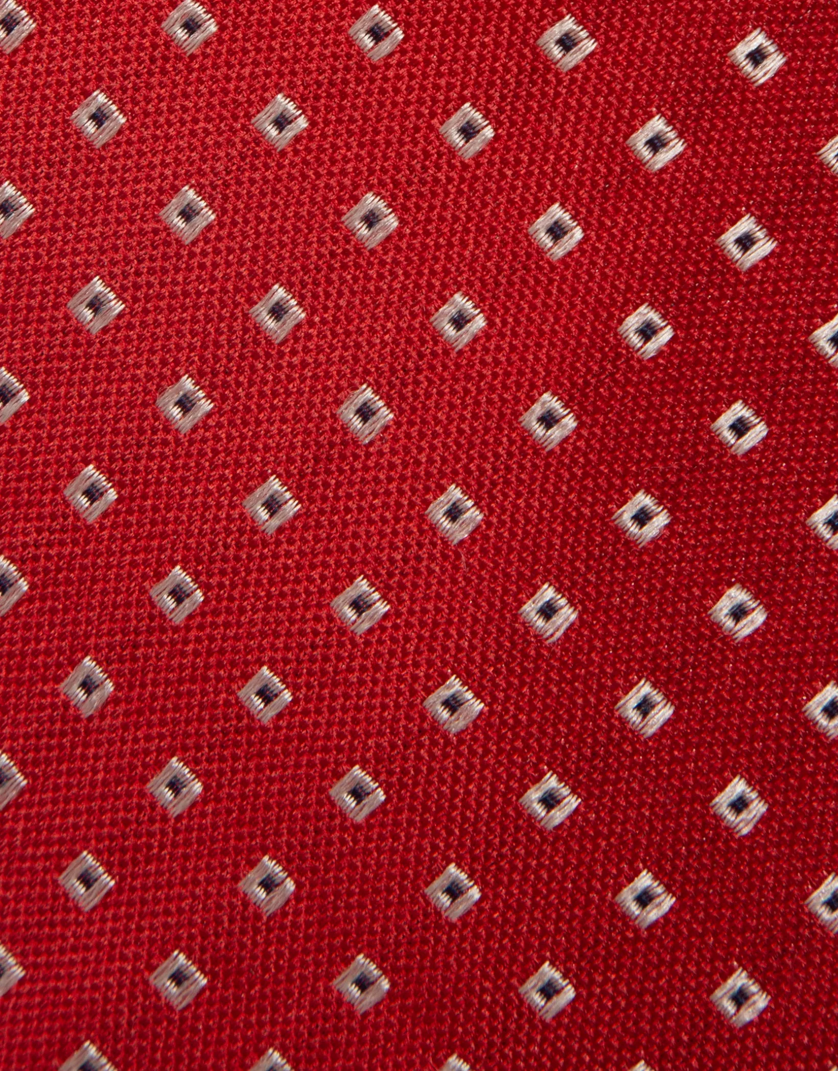 Corbata seda roja jacquard cuadrados blanco y marino