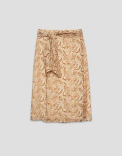 Falda midi estilo pareo en gasa estampado vegetal cámel