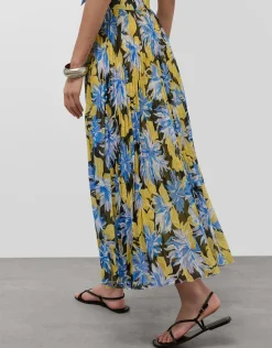 Falda midi plisada crepe georgette estampado floral azules