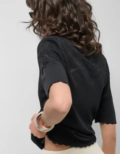 Jersey de manga corta punto fino negro con fantasía calada