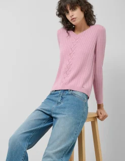 Jersey escote pico lana rosa con franja central