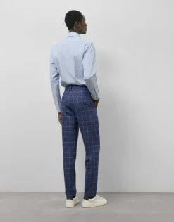 Pantalón pinzas mezcla lana/lino/algodón cuadros azules