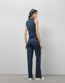 Pantalón recto lana fresca cuadro gales azul marino