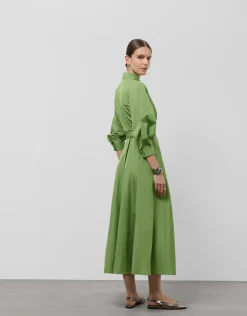 Vestido camisero midi manga larga tafeta verde