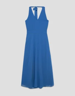 Vestido largo escote halter anudado en crepe georgette azul