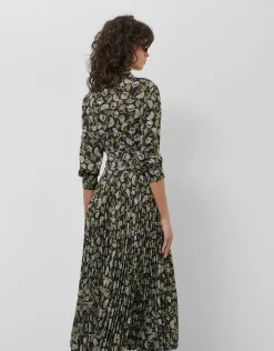 Vestido midi plisado negro estampado hojas tonos verdes
