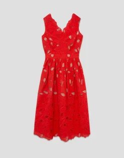Vestido midi sin mangas bordado suizo rojo