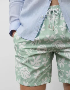 Bañador verde caqui estampado hojas blancas