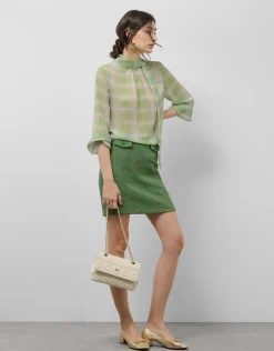 Blusa cuello fruncido cuadros tonos verde