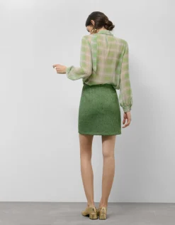 Blusa cuello fruncido cuadros tonos verde