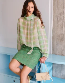 Blusa cuello fruncido cuadros tonos verde