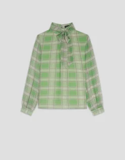 Blusa cuello fruncido cuadros tonos verde