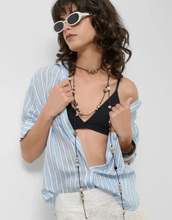 Blusa de manga corta jacquard rayas azul