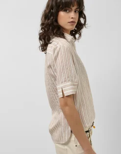Blusa de manga corta jacquard rayas beige