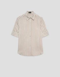 Blusa de manga corta jacquard rayas beige