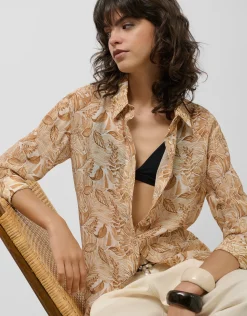 Blusa larga en gasa estampado vegetal cámel