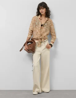 Blusa larga en gasa estampado vegetal cámel