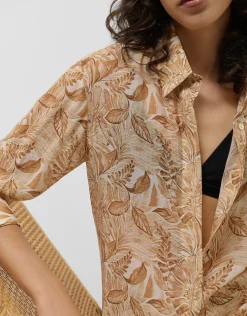 Blusa larga en gasa estampado vegetal cámel