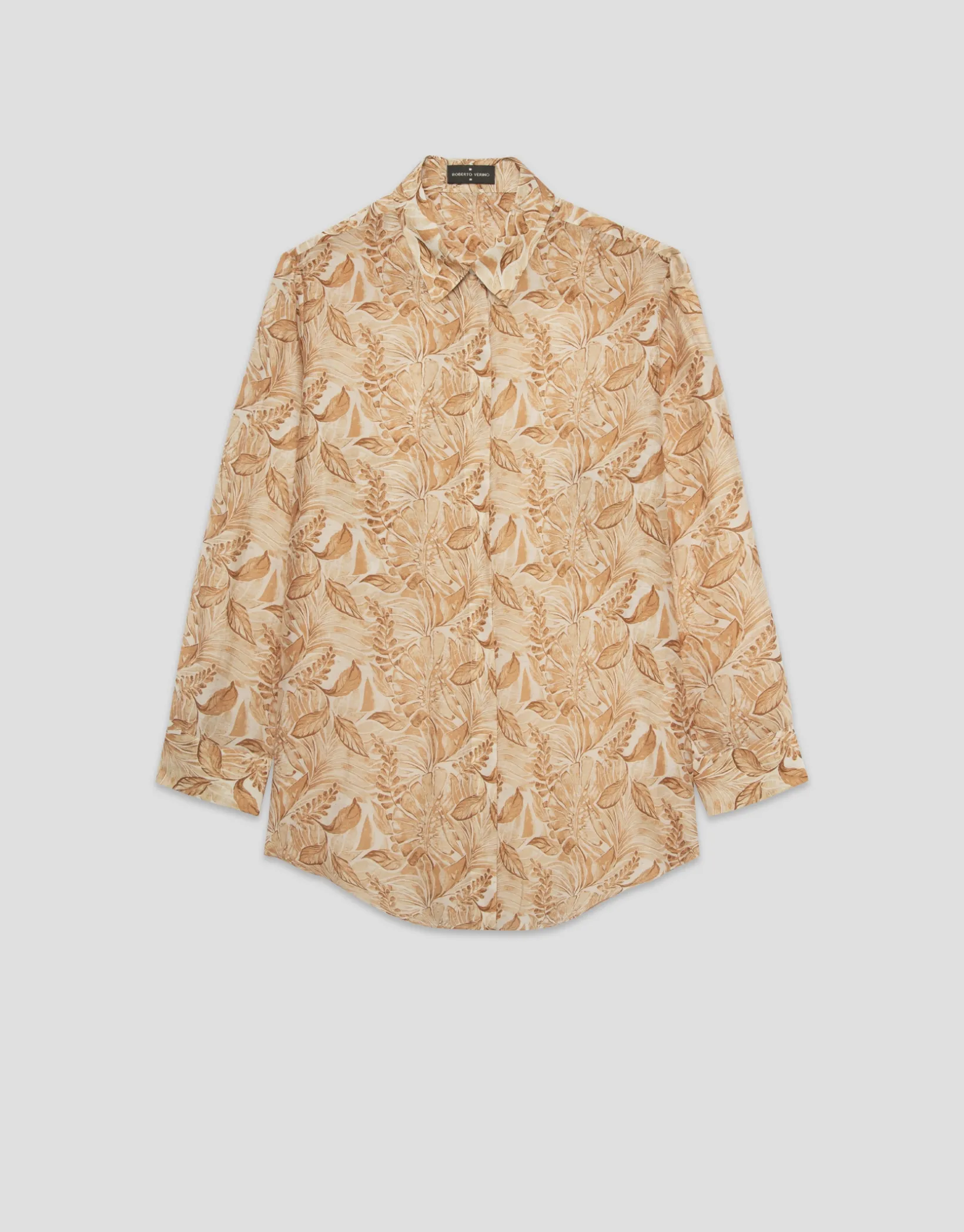 Blusa larga en gasa estampado vegetal cámel