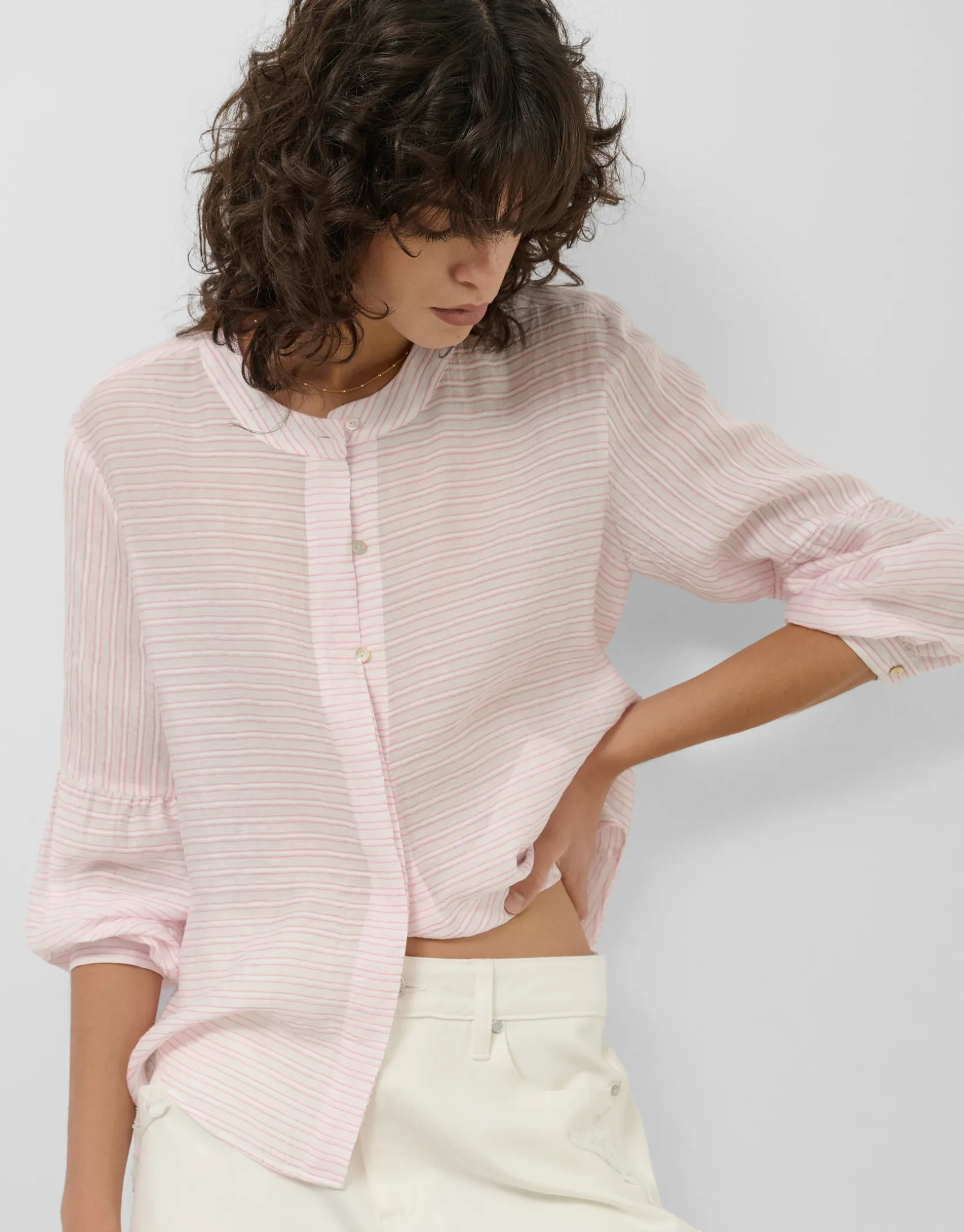 Blusa manga abullonada rayas rosa y blanco