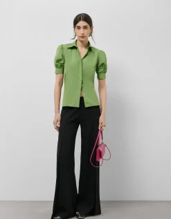 Blusa manga corta fruncida tafeta verde