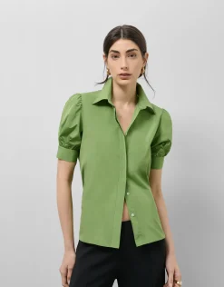 Blusa manga corta fruncida tafeta verde