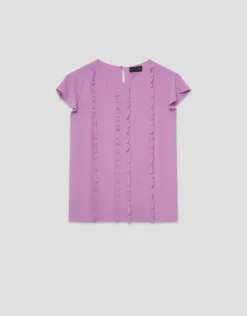 Blusa manga corta rosa con mini volantes en delantero