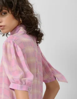 Blusa manga corta y cuello anudado cuadros tonos rosa