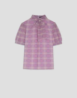 Blusa manga corta y cuello anudado cuadros tonos rosa