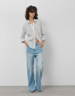 Blusa manga larga remangada rayas azul y blanco