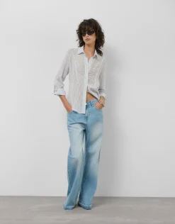 Blusa manga larga remangada rayas azul y blanco
