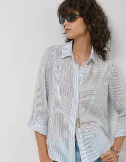 Blusa manga larga remangada rayas azul y blanco