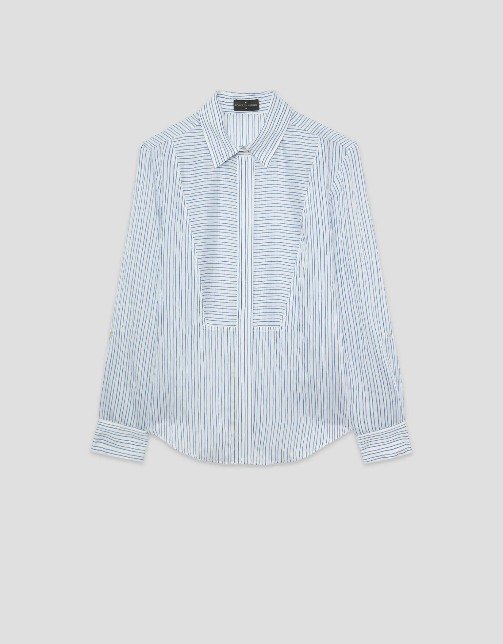 Blusa manga larga remangada rayas azul y blanco