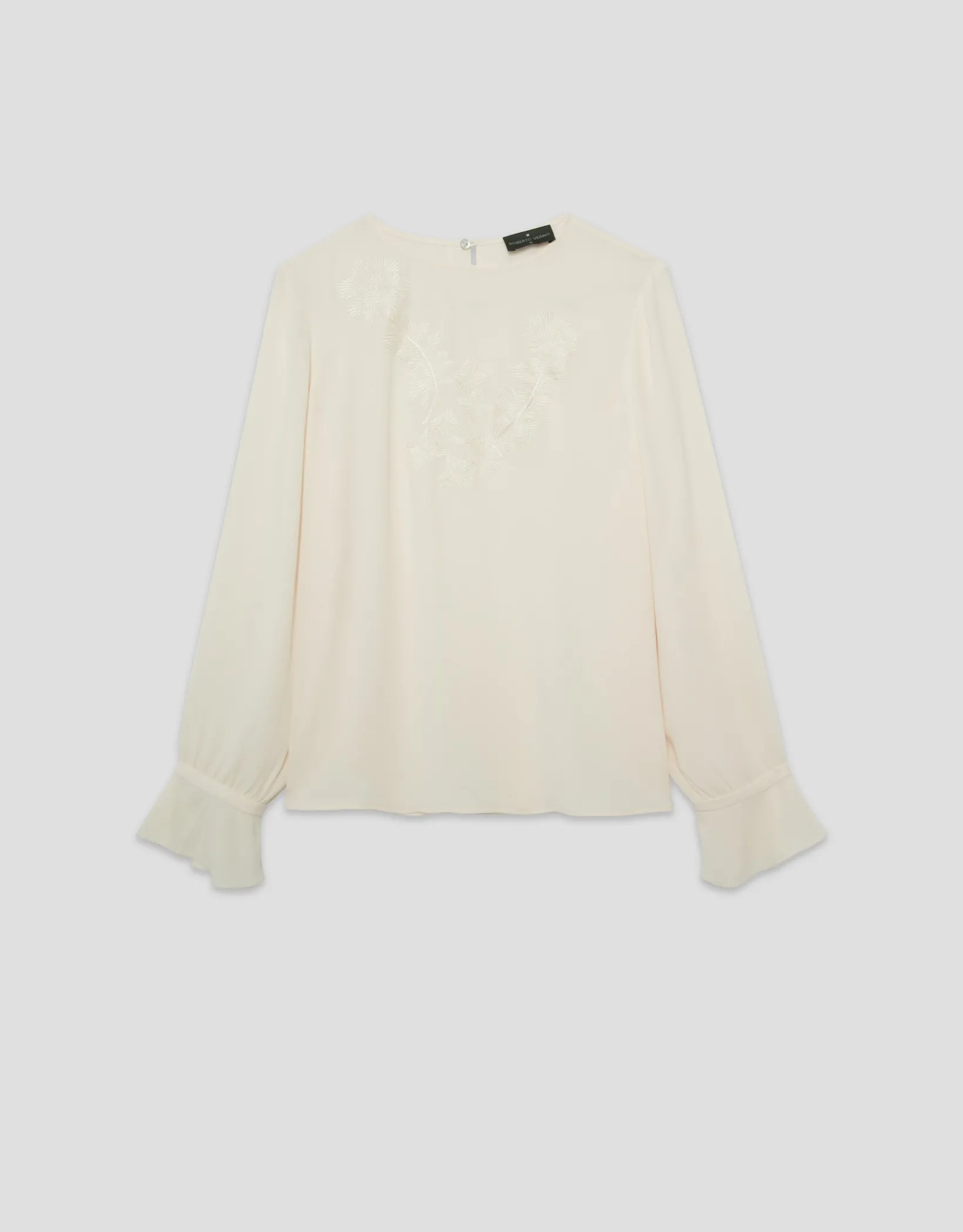 Blusa manga larga tejido fluido beige con bordado floral