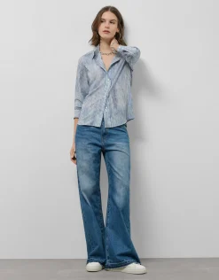 Blusa remangada crepé rayas azul y blanco