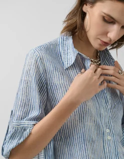 Blusa remangada crepé rayas azul y blanco