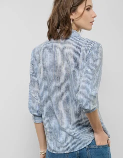 Blusa remangada crepé rayas azul y blanco